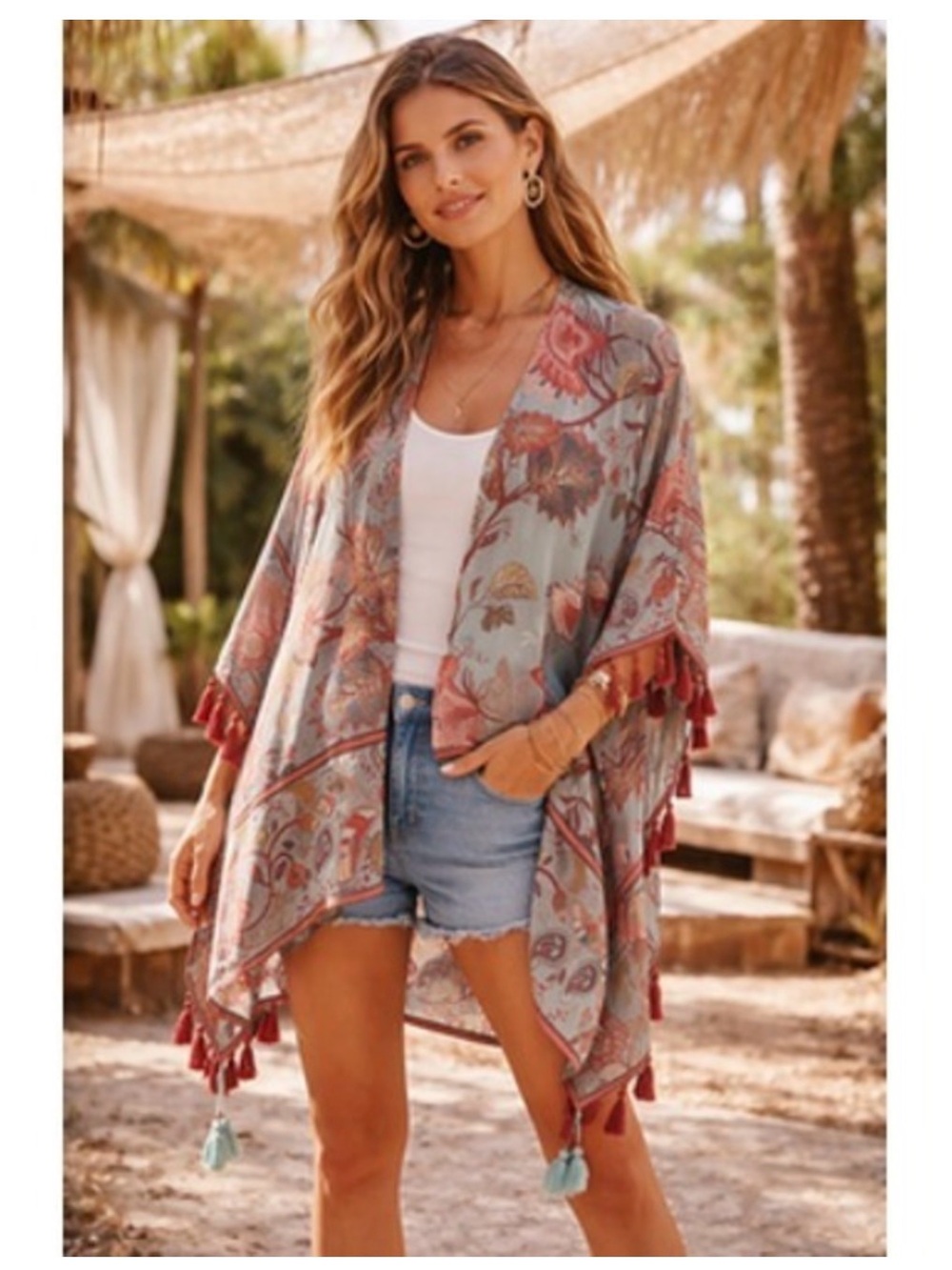 Soft Surroundings Floral Kimono with Tassels